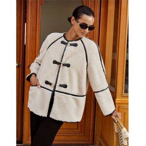 Commense  Buckle Detail Contrast Trim Faux Fur Coat NWT, Size M